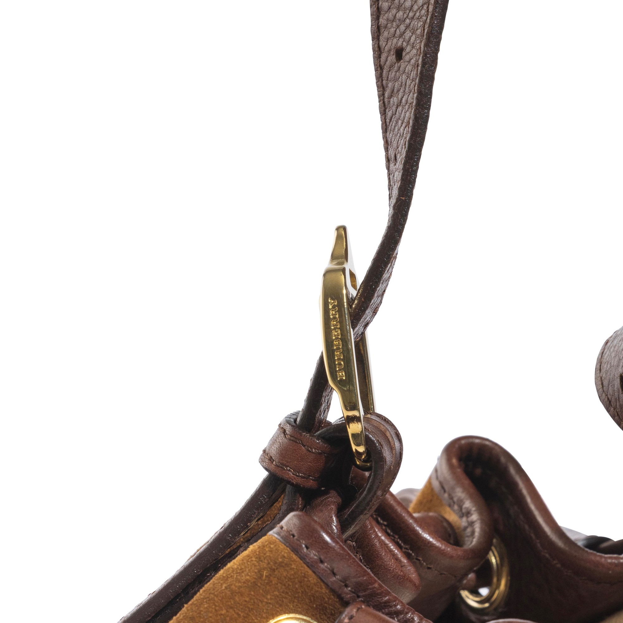 Burberry - Borsetta a secchiello in suede con inserti in pelle marrone