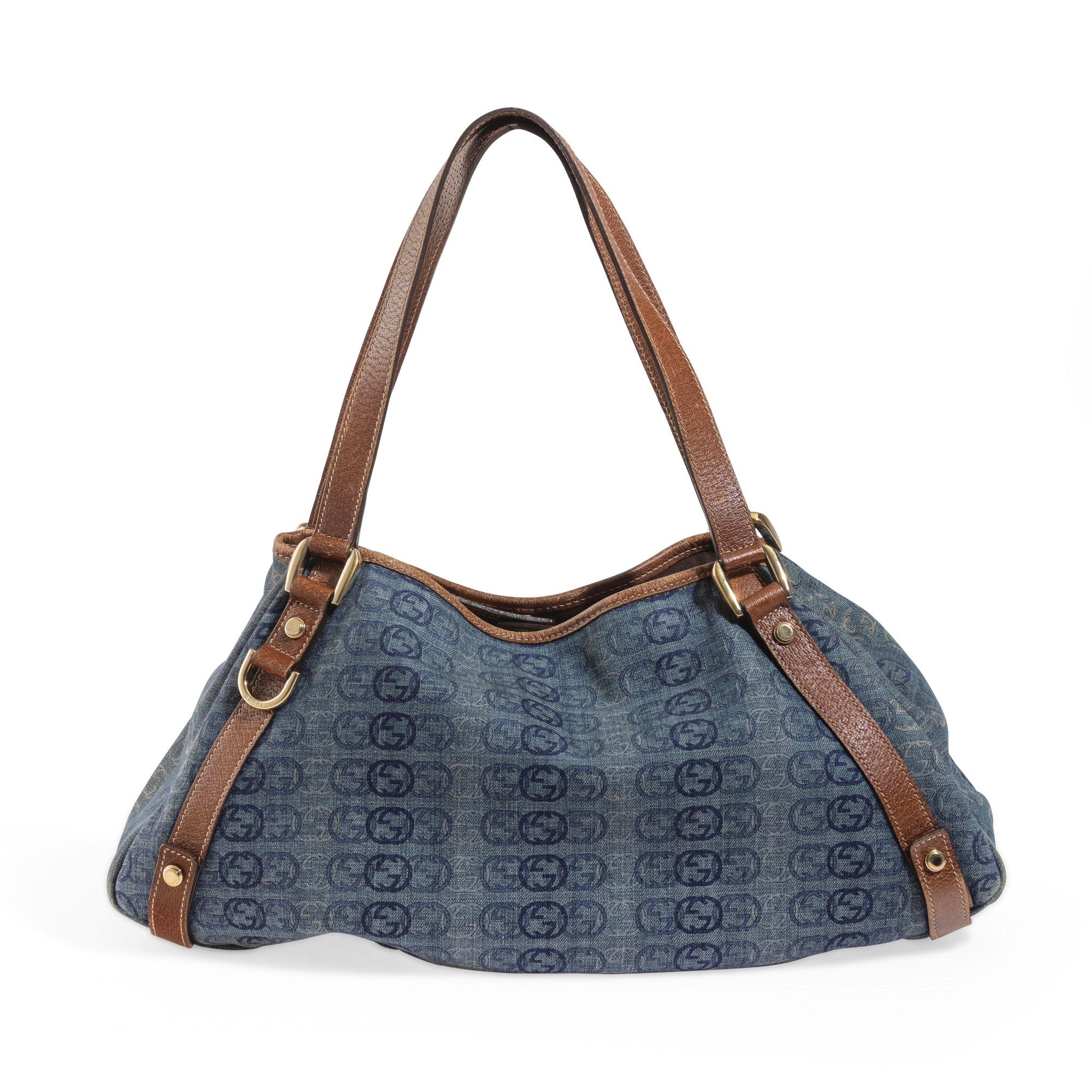Gucci - Borsa in denim blu con inserti in pelle marrone