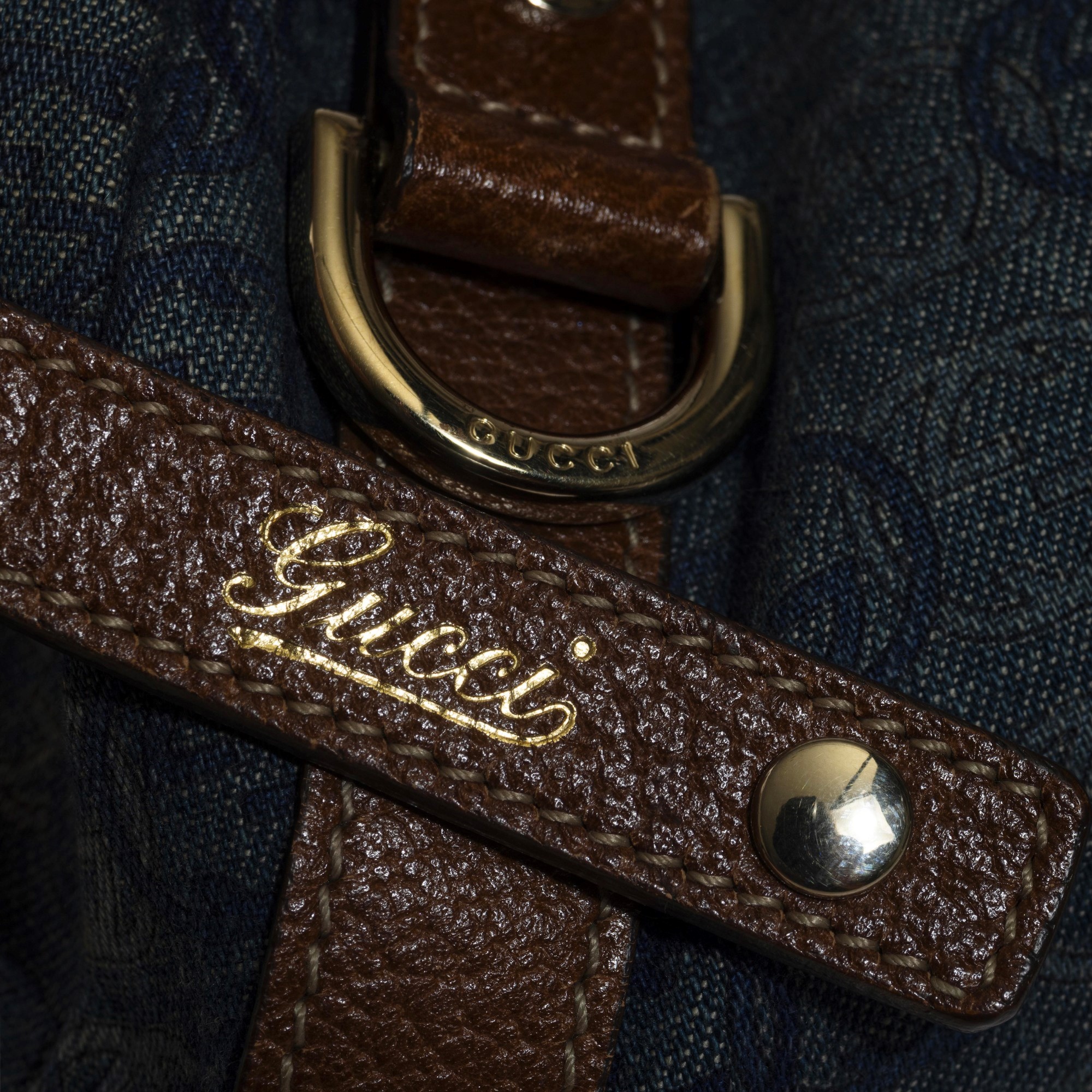 Gucci - Borsa in denim blu con inserti in pelle marrone