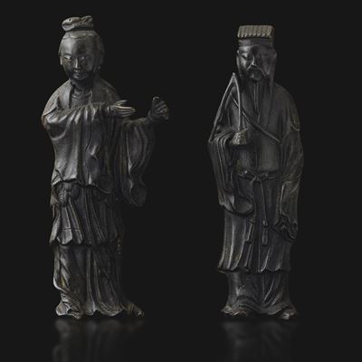 Cina, Gruppo scultoreo con dignitario e Guanyin in bronzo, Dinastia Ming, XVII secolo