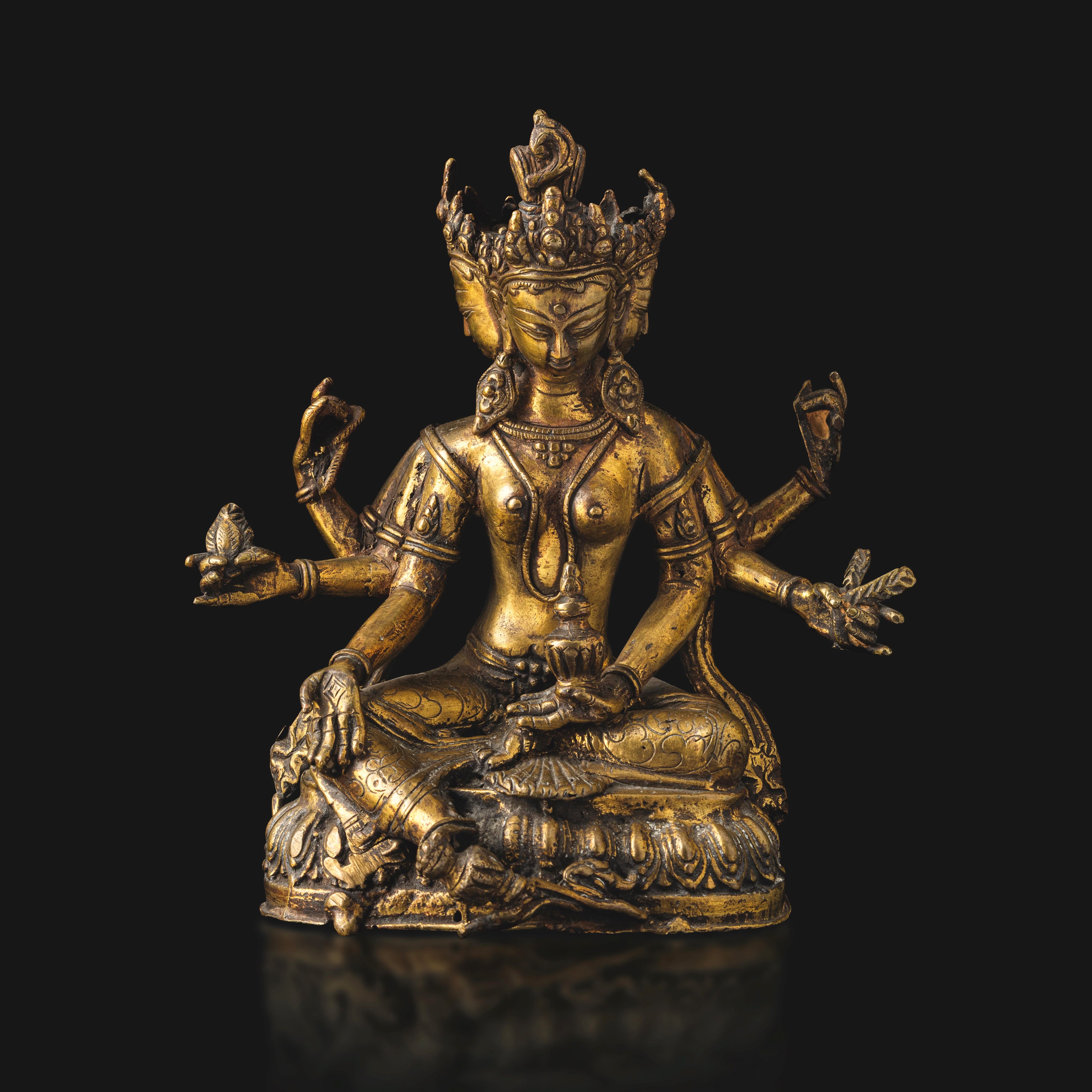 Figura di Ushnishavijaya su fiore di loto, bronzo, Nepal, XVII secolo