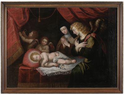 Gesù Bambino dormiente con angeli e una santa