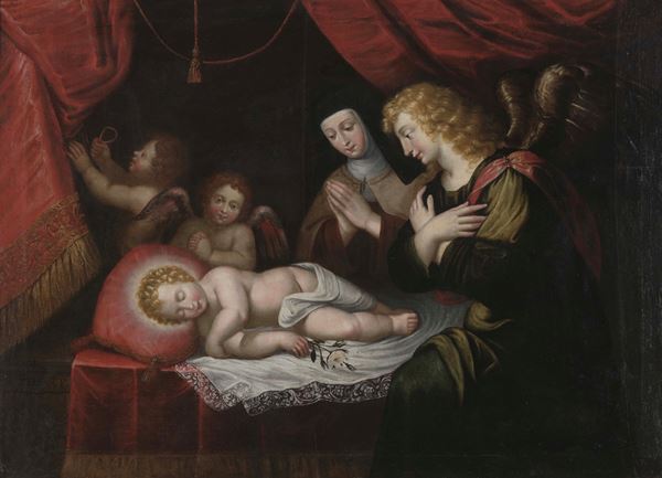 Bernardo Castello - Gesù Bambino dormiente con angeli e una santa