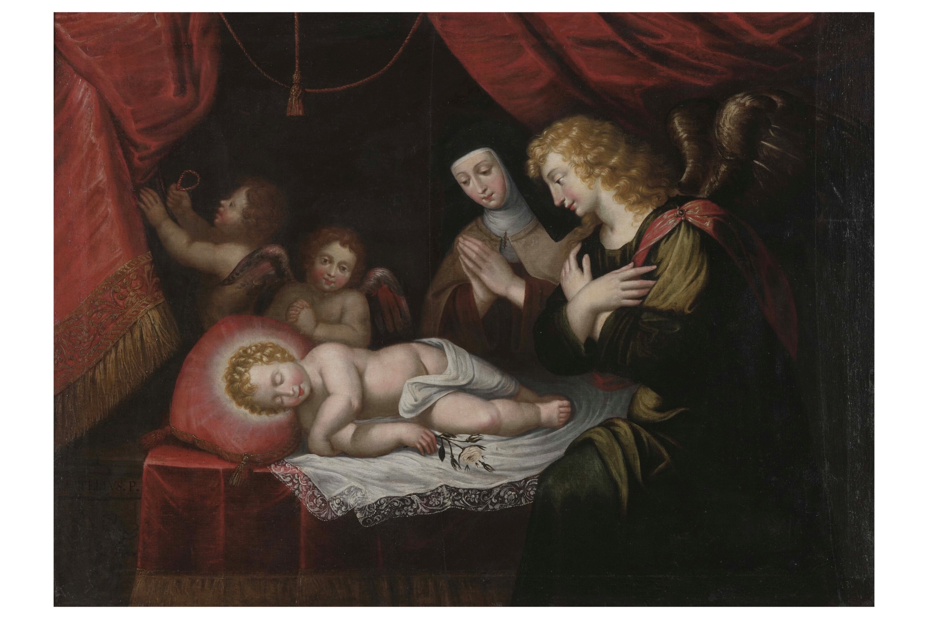 Bernardo Castello - Gesù Bambino dormiente con angeli e una santa