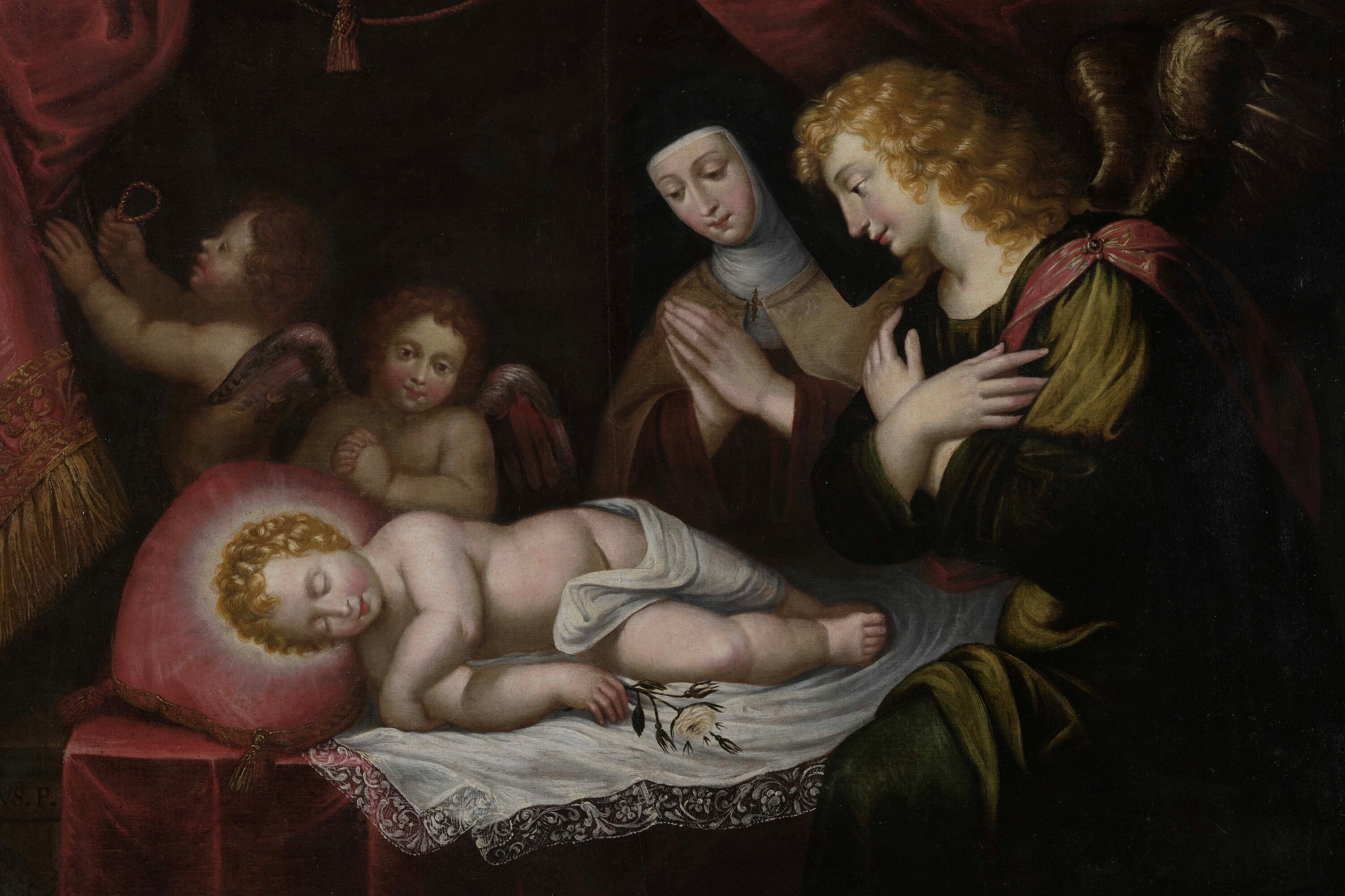 Bernardo Castello - Gesù Bambino dormiente con angeli e una santa