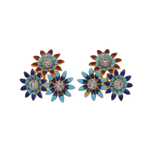 Pair of enamel, diamond and gold earrings. Minor defect