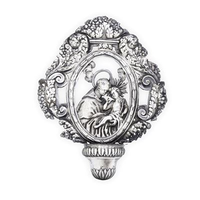 Acquasantiera neoclassica con Sant’Antonio da Padova, argento fuso e sbalzato, Genova, XVIII seco...
