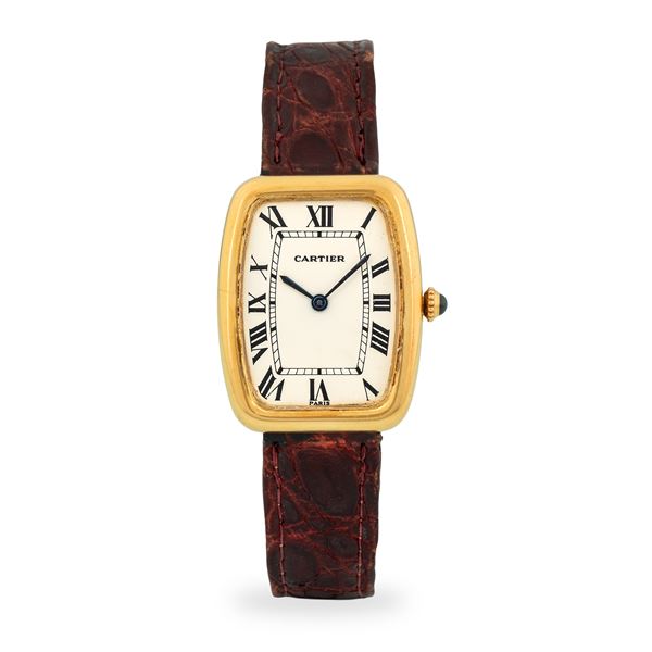Cartier - Fabergé Jumbo ref. 78101 in oro giallo 18k con cassa tonneau, quadrante Paris bianco con numeri Romani, con scatola originale, circa 1970