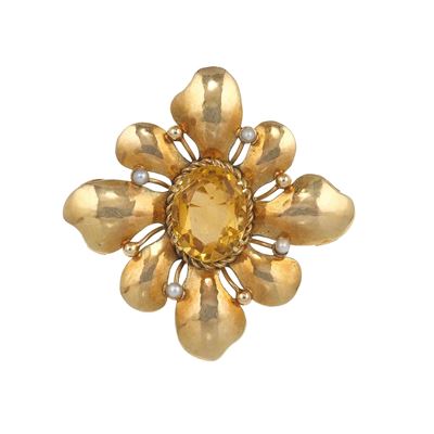 Montatura in oro giallo 14K, Spilla con quarzo centrale e piccole perle