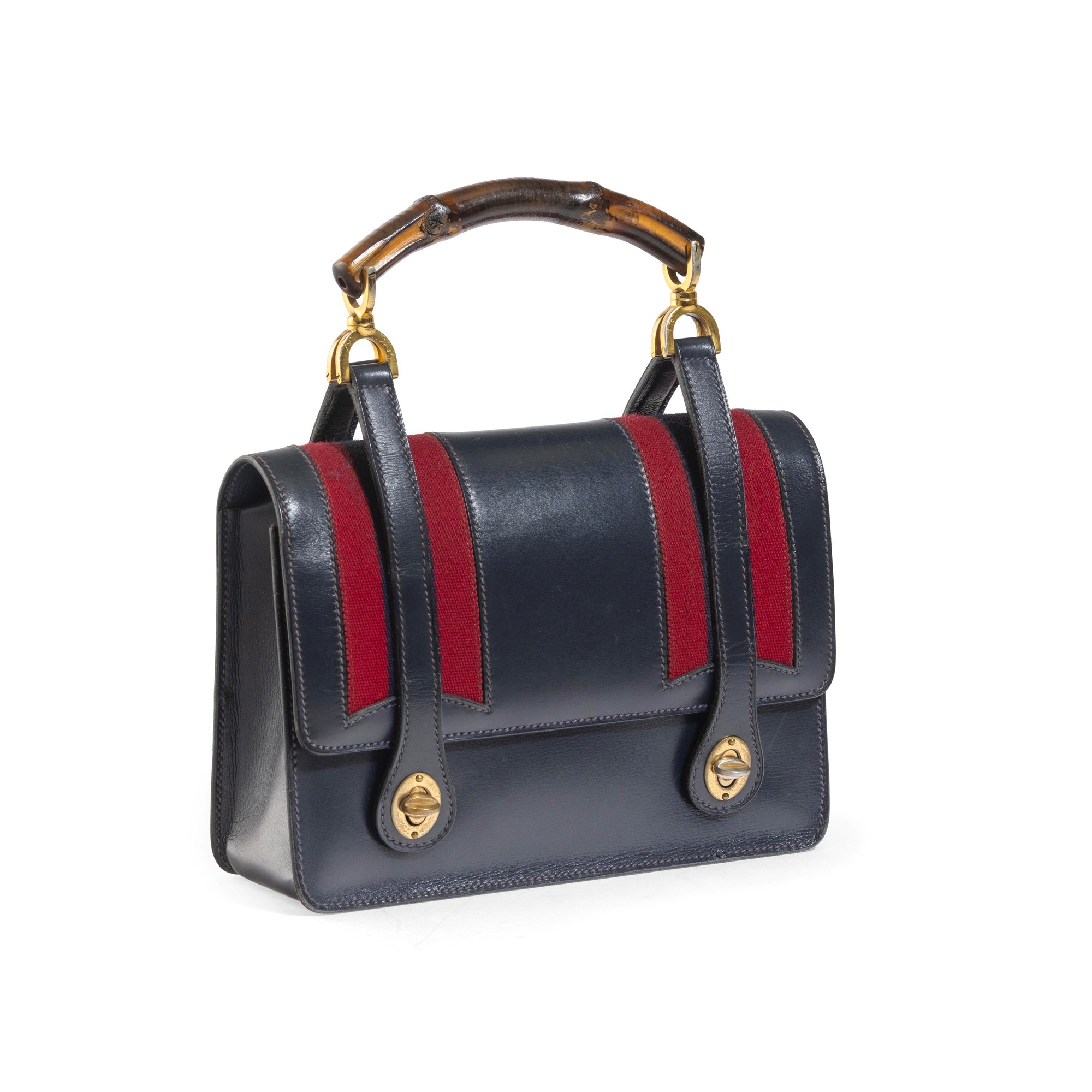 Gucci - Borsa Bamboo in pelle blu con inserti in tessuto