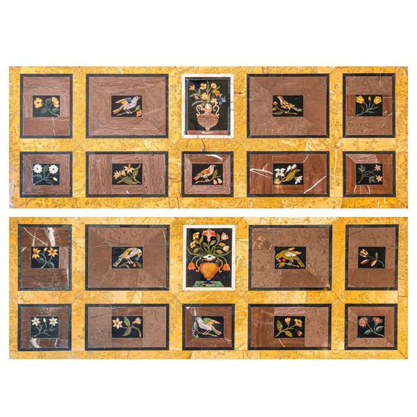 Coppia di piani in marmo con formelle in pietre dure e tenere. Galleria dei Lavori Granducale, Firenze, XVII secolo