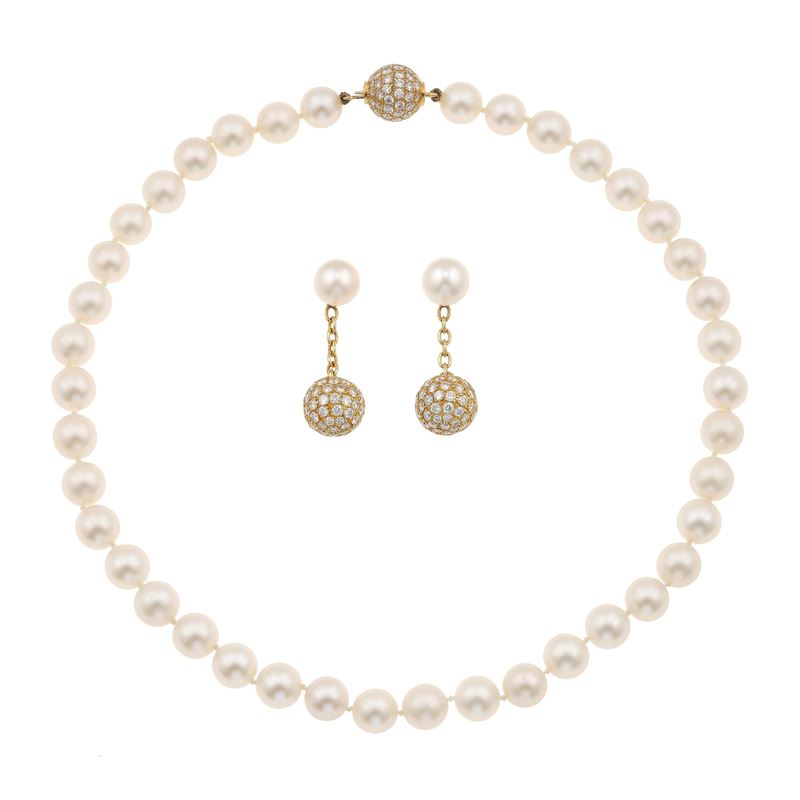Demi-parure composta da girocollo ed orecchini con perle e diamanti  - Asta Gioielli - Cambi Casa d'Aste