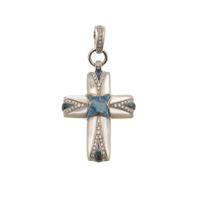 Pendente “Croce” in oro bianco 750/1000 con diamanti, madreperla e topazi London