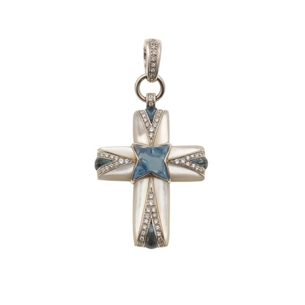 Diamond, topaz, mother-of-pearl and gold pendent