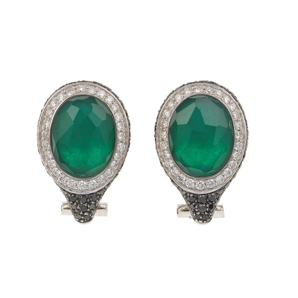 Pair of diamonds, black diamonds, doublets and gold earrings