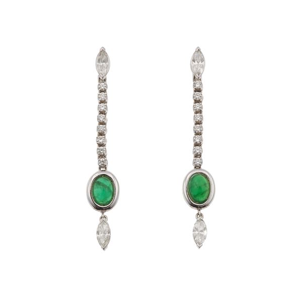 Pair of diamond, emerald and gold earrings