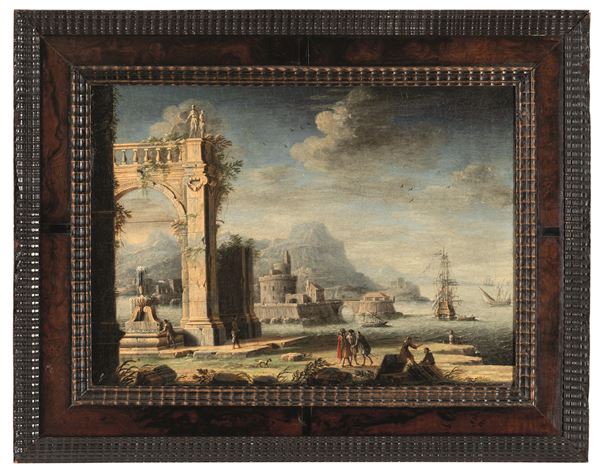 Leonardo Coccorante - Veduta costiera con rovine, figure e imbarcazioni