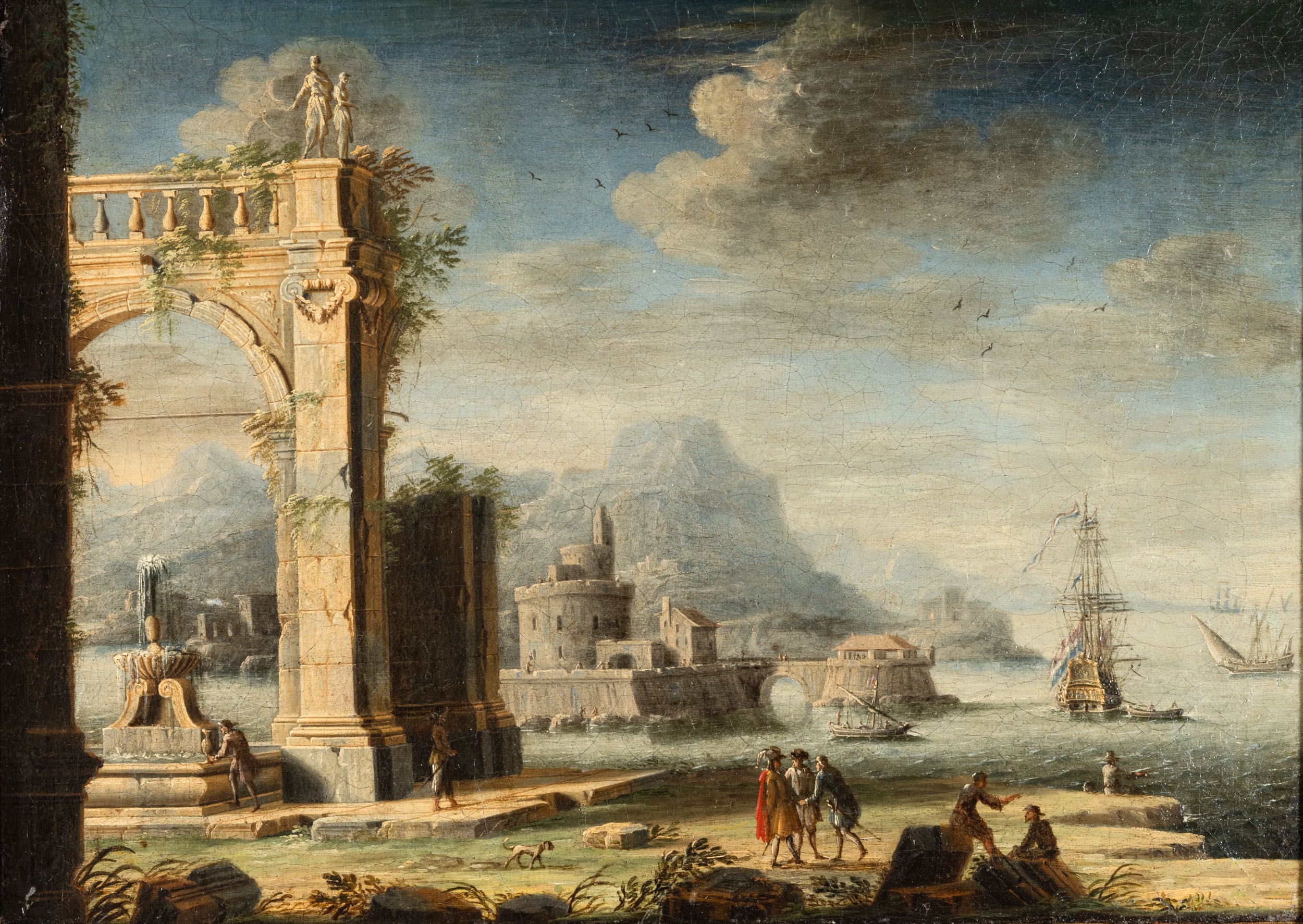 Leonardo Coccorante - Veduta costiera con rovine, figure e imbarcazioni