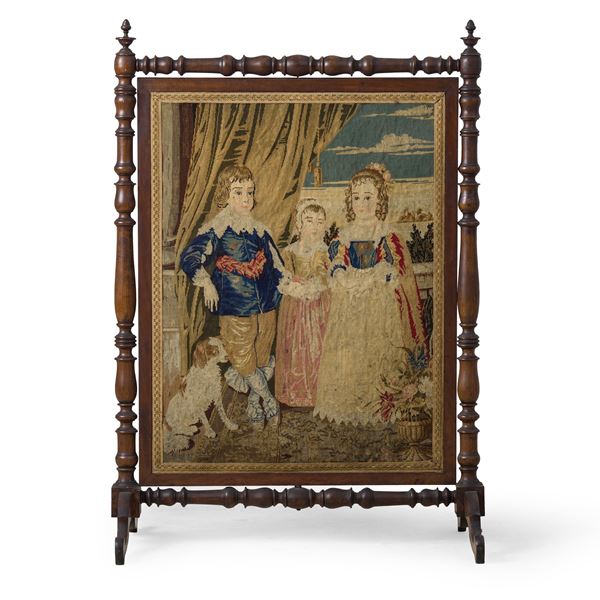 Paracamino in legno con ricamo a piccolo punto. XIX secolo