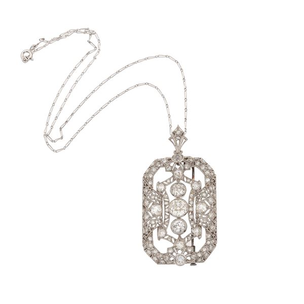 Old-cut diamonds and platinum necklace with pendent/brooch