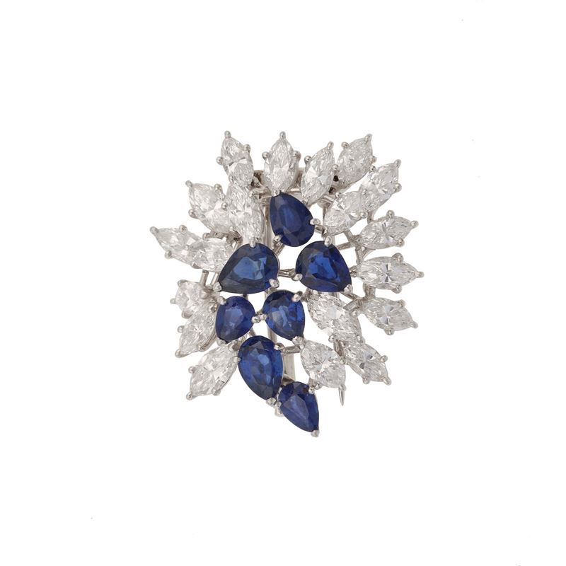Diamond, sapphire and gold clip brooch  - Auction Fine Jewellery - Cambi Casa d'Aste