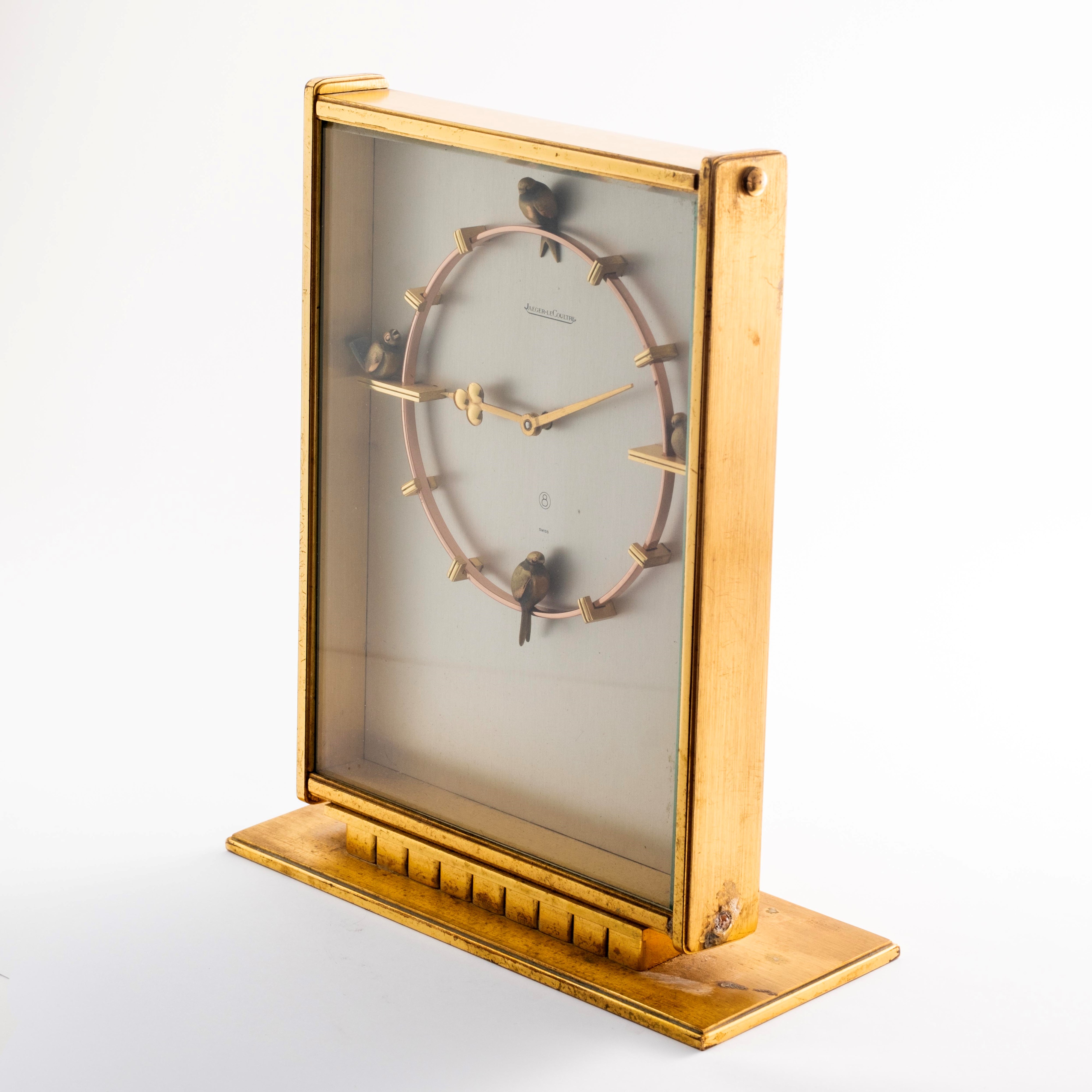 Jaeger-lecoultre - Pendulette 8 Jours in ottone dorato con quadrante argenté e uccellini