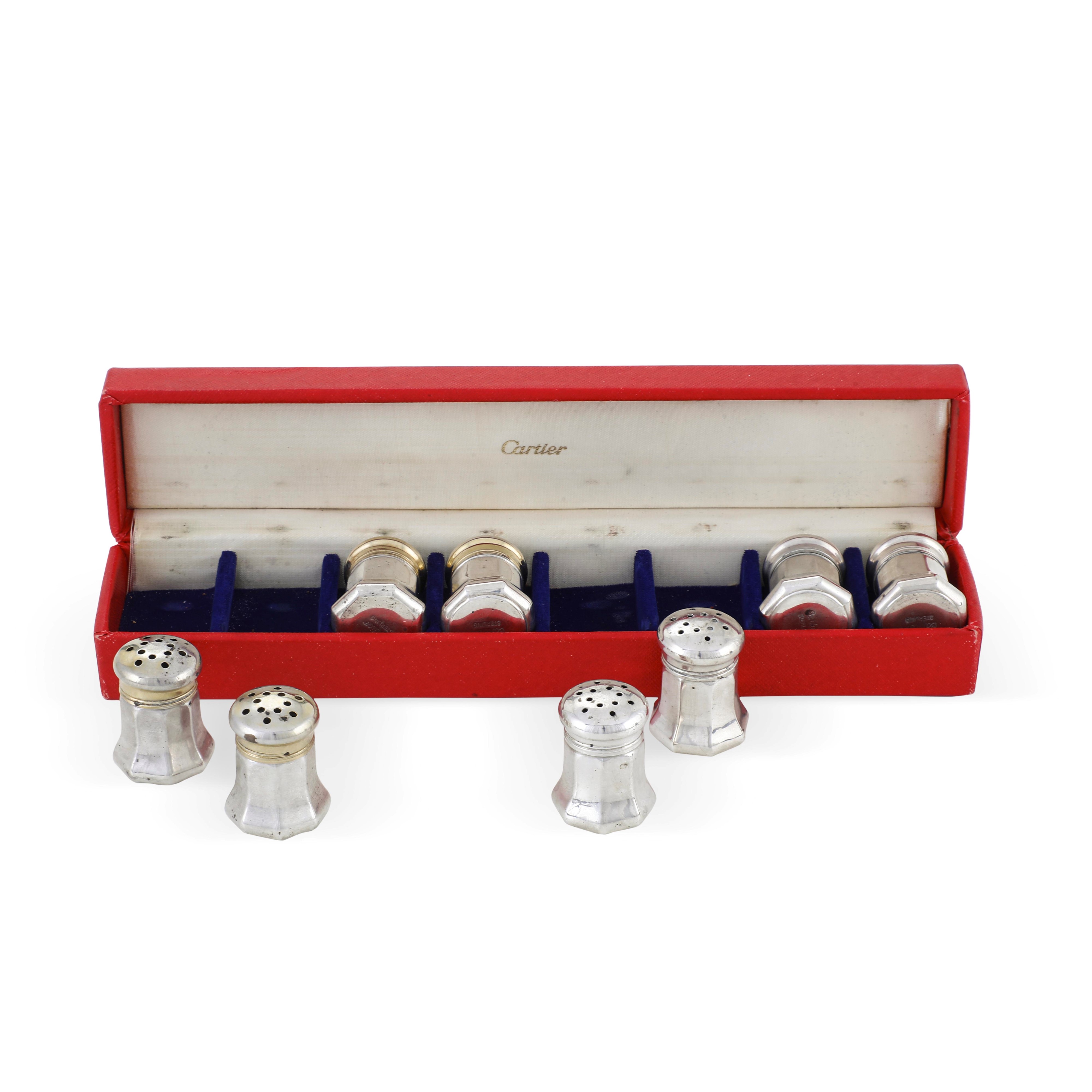 Maison Cartier, Set di otto segnaposti a saliera in argento 925 e vetro, Francia, XXI secolo