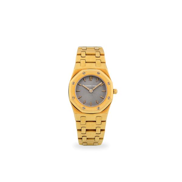 Elegante Royal Oak Lady ref. 6007BA in oro giallo 18k, quadrante grigio Tapisserie con indici applicati, con scatola, garanzia e libretti, circa 1980