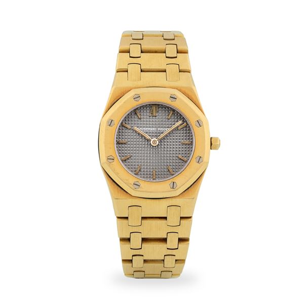 Audemars Piguet - Elegante Royal Oak Lady ref. 6007BA in oro giallo 18k, quadrante grigio Tapisserie con indici applicati, con scatola, garanzia e libretti, circa 1980