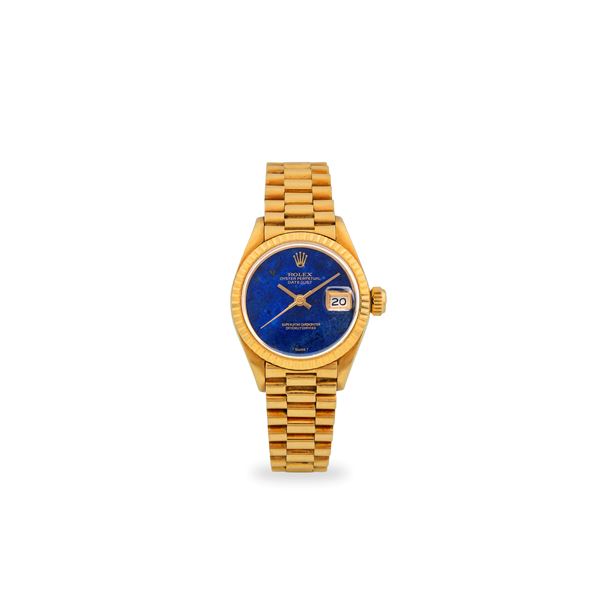 Elegante Lady Datejust ref. 6917 in oro giallo 18k, quadrante in pietra Lapislazzuli, con scatola e garanzia, circa 1975