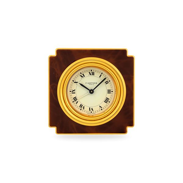 Orologio da tavolo con funzione di sveglia in ottone dorato e smalto, quadrante bianco con numeri Romani, con scatola e garanzia, circa 1990