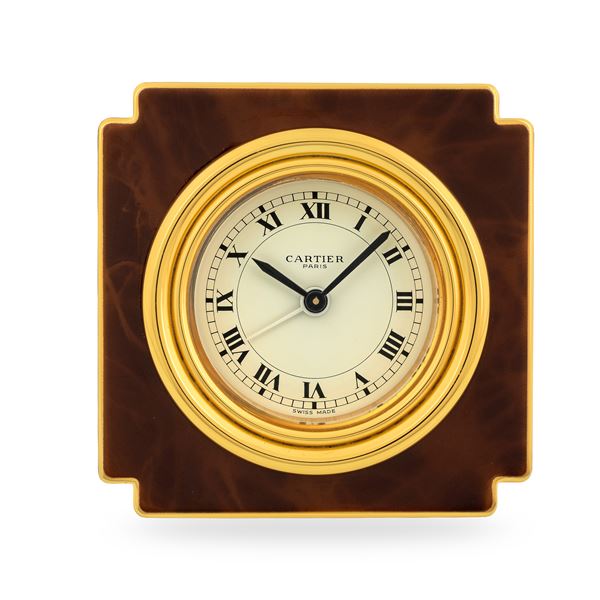 Cartier - Orologio da tavolo con funzione di sveglia in ottone dorato e smalto, quadrante bianco con numeri Romani, con scatola e garanzia, circa 1990
