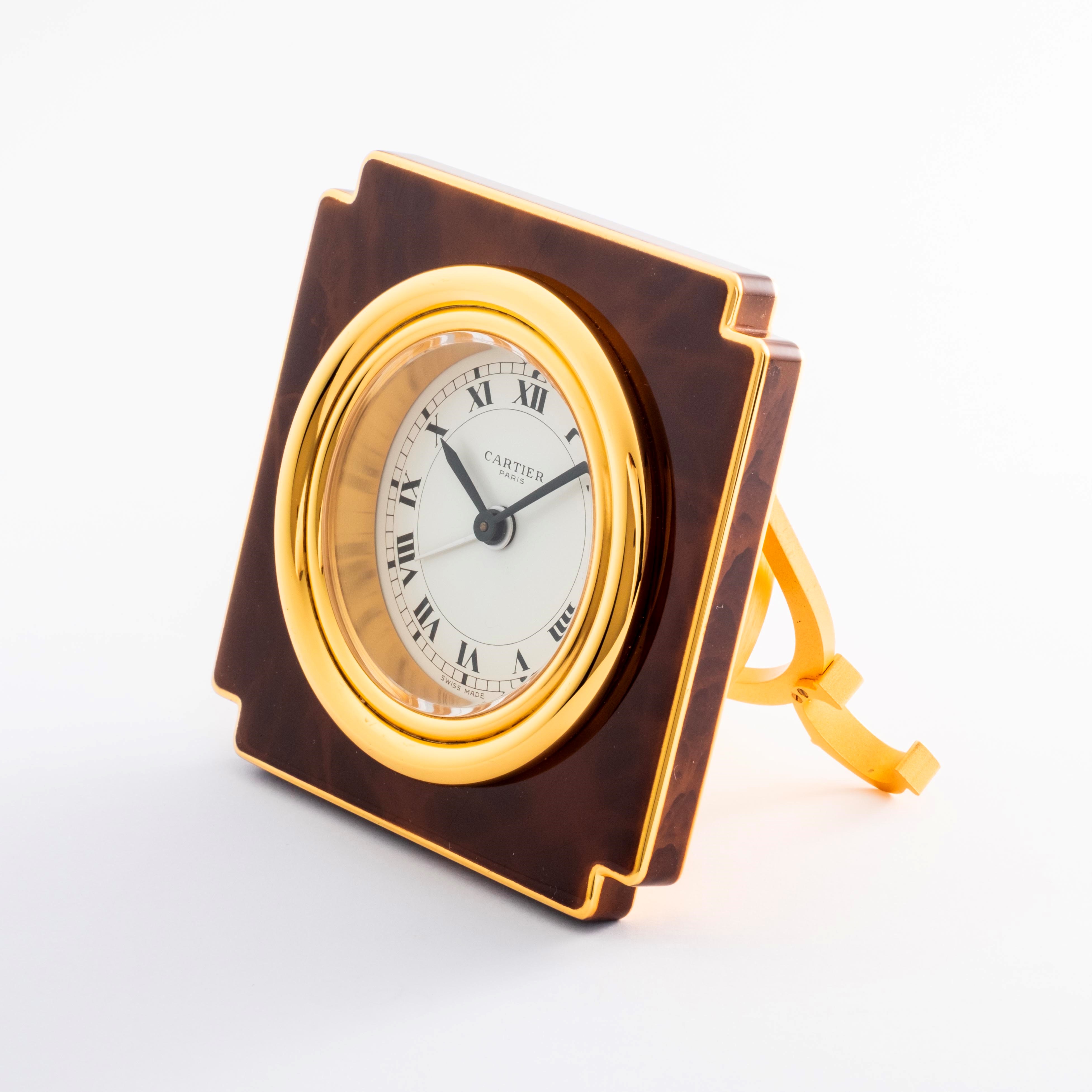 Cartier - Orologio da tavolo con funzione di sveglia in ottone dorato e smalto (circa 1990)