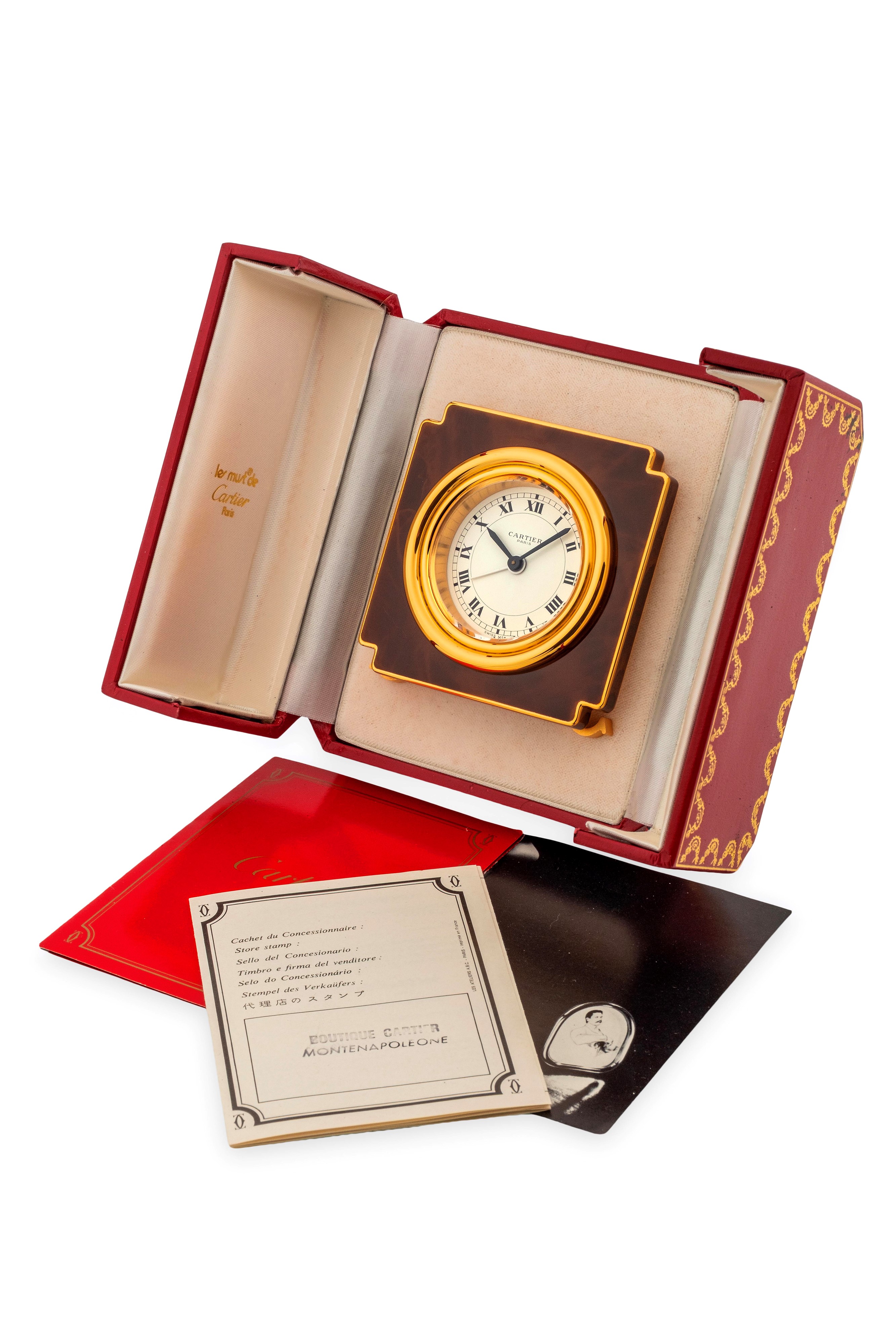 Cartier - Orologio da tavolo con funzione di sveglia in ottone dorato e smalto (circa 1990)