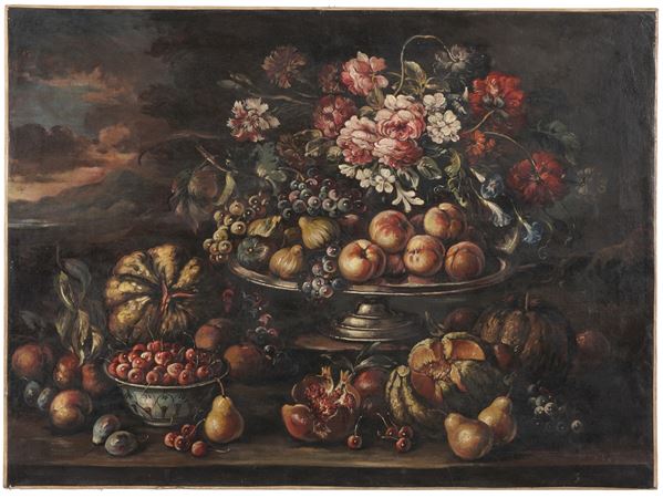 Scuola romana XVIII secolo Natura morta con fiori e frutti