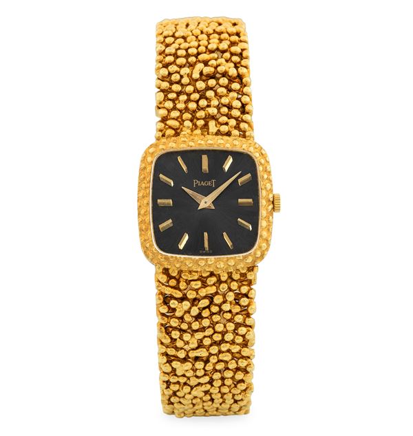 Piaget - Particolare Solo tempo ref. 9902 in oro giallo 18k con bracciale integrato 'Gold Nugget', quadrante antracite Soleil, con scatola originale, circa 1980