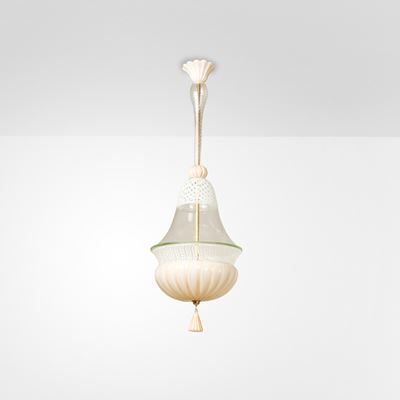 Lampada a sospensione in ottone e vetro di Murano lattimo con oro zanfirico