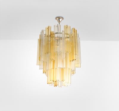 Lampada a sospensione, metallo e vetro di Murano colorato a canne, produzione italiana circa 1970