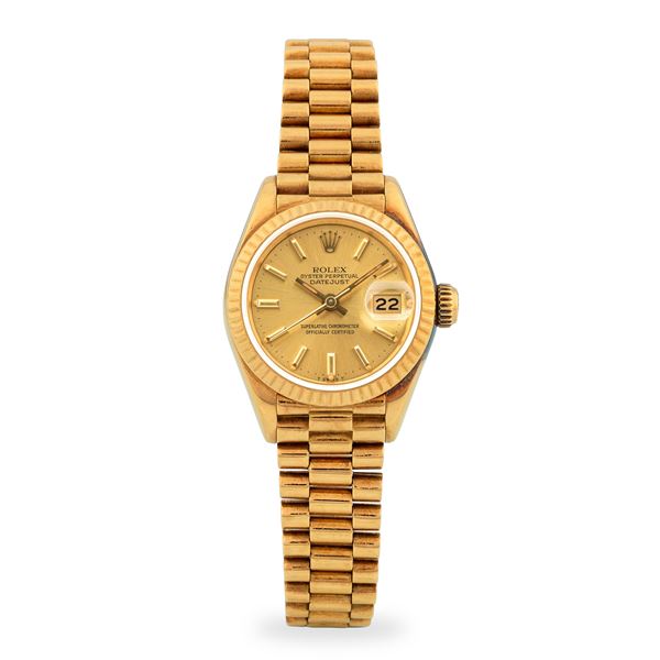 Rolex - Lady Datejust ref. 69178 in oro giallo 18k, quadrante champagne con indici applicati, con scatola e garanzia, circa 1984