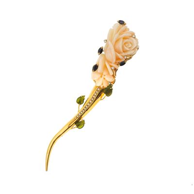 Spilla con Corallo Rosa Inciso, Piccoli Diamanti, Zaffiri e Nefrite