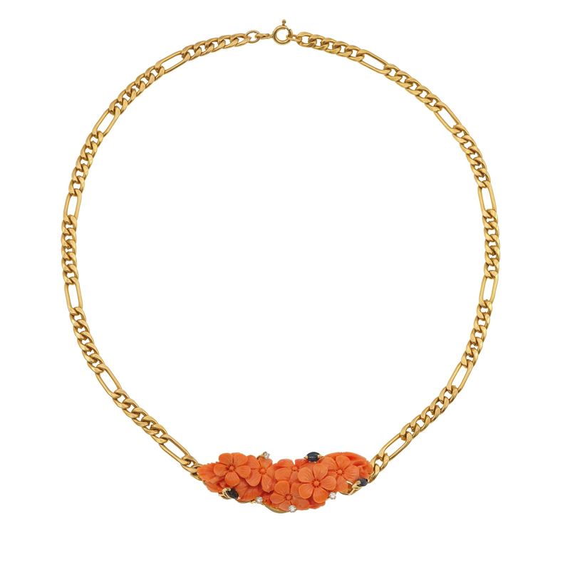 Coral, diamond, sapphire and gold necklace  - Auction Fine Jewellery - Cambi Casa d'Aste