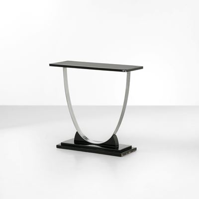 Console, struttura in metallo cromato e piano in legno laccato, produzione italiana (circa 1970)
