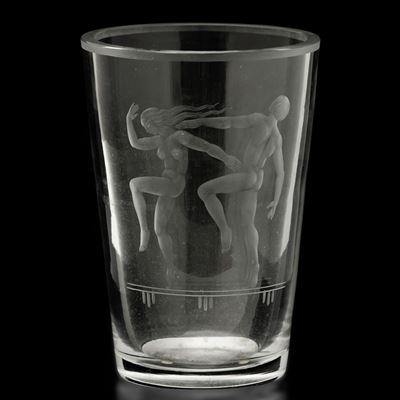 Orrefors (?), Vaso troncoconico in cristallo, incisione di figure danzanti (secolo XX)