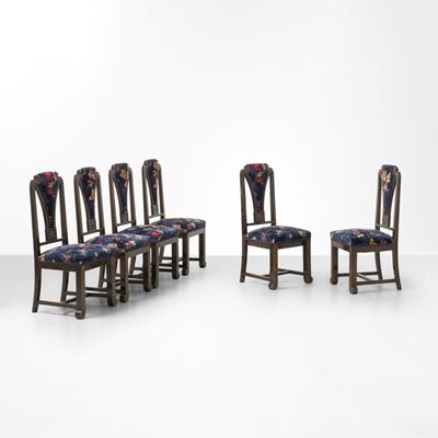 Italia, Sei sedie in legno con rivestimento in tessuto (stile art-nouveau/art-deco), ca. 1920