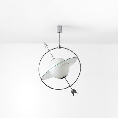 Lampada a sospensione, metallo cromato, diffusore in vetro opalino e cristallo molato (produzione...