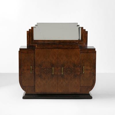 Produzione italiana, Mobile contenitore in legno con cristallo specchiato e piani in vetro colora...