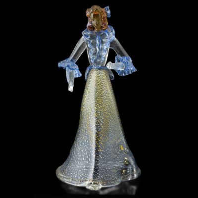 Figura di dama, vetro soffiato Murano (circa 1930), decoro a macchie blu e foglia oro