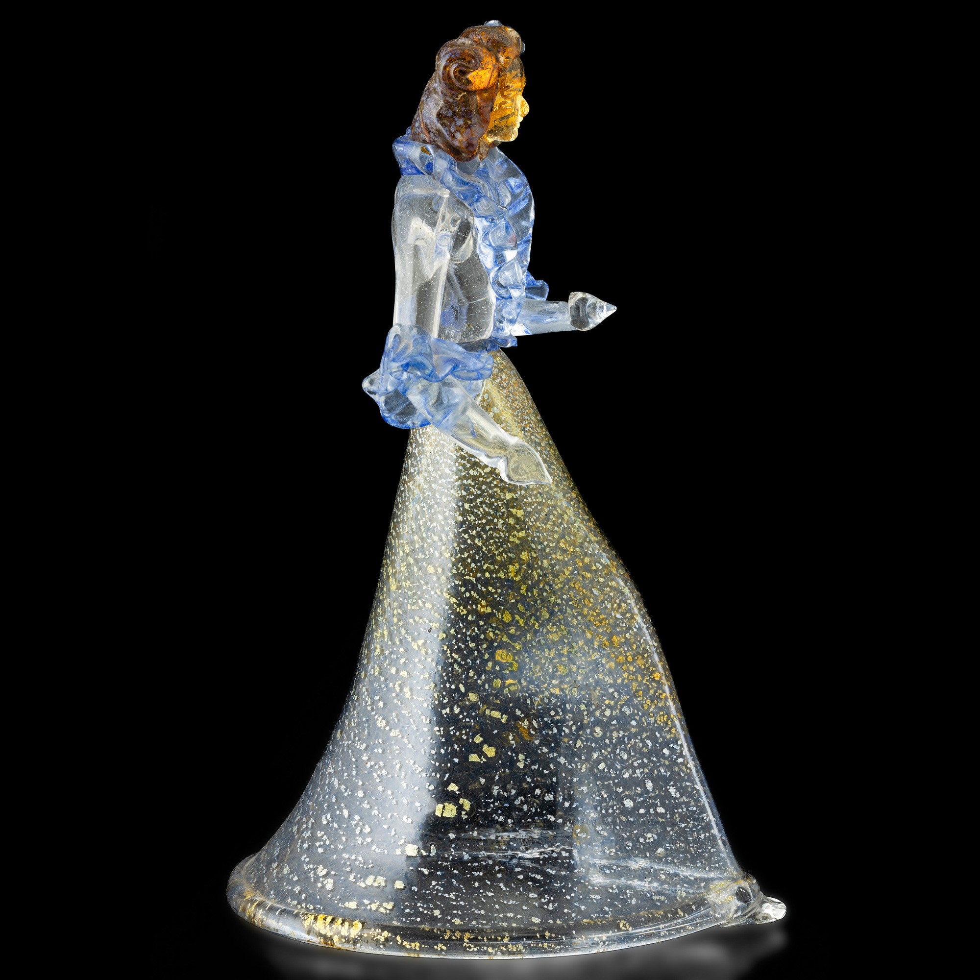 Figura di dama, vetro soffiato Murano (circa 1930), decoro a macchie blu e foglia oro