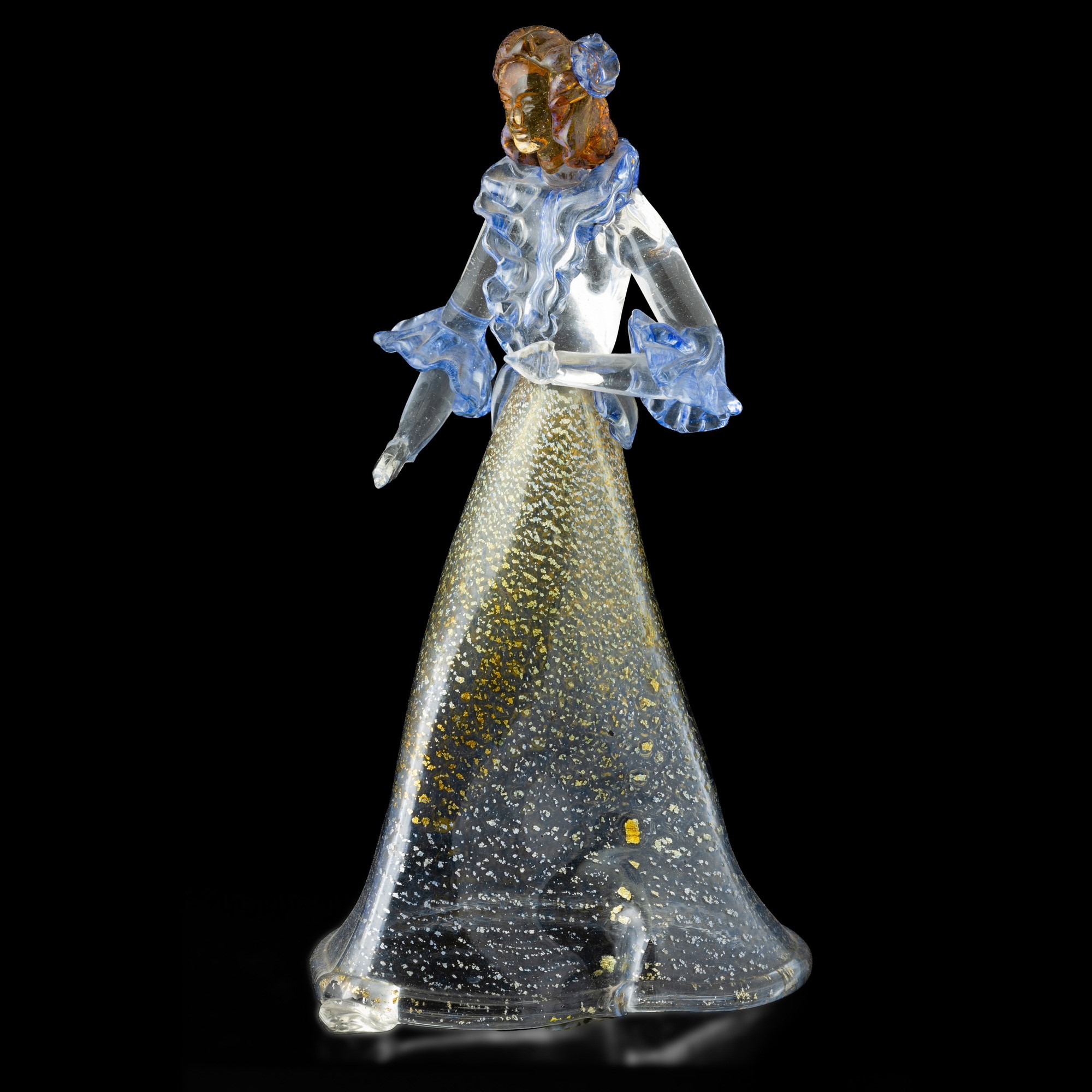 Figura di dama, vetro soffiato Murano (circa 1930), decoro a macchie blu e foglia oro