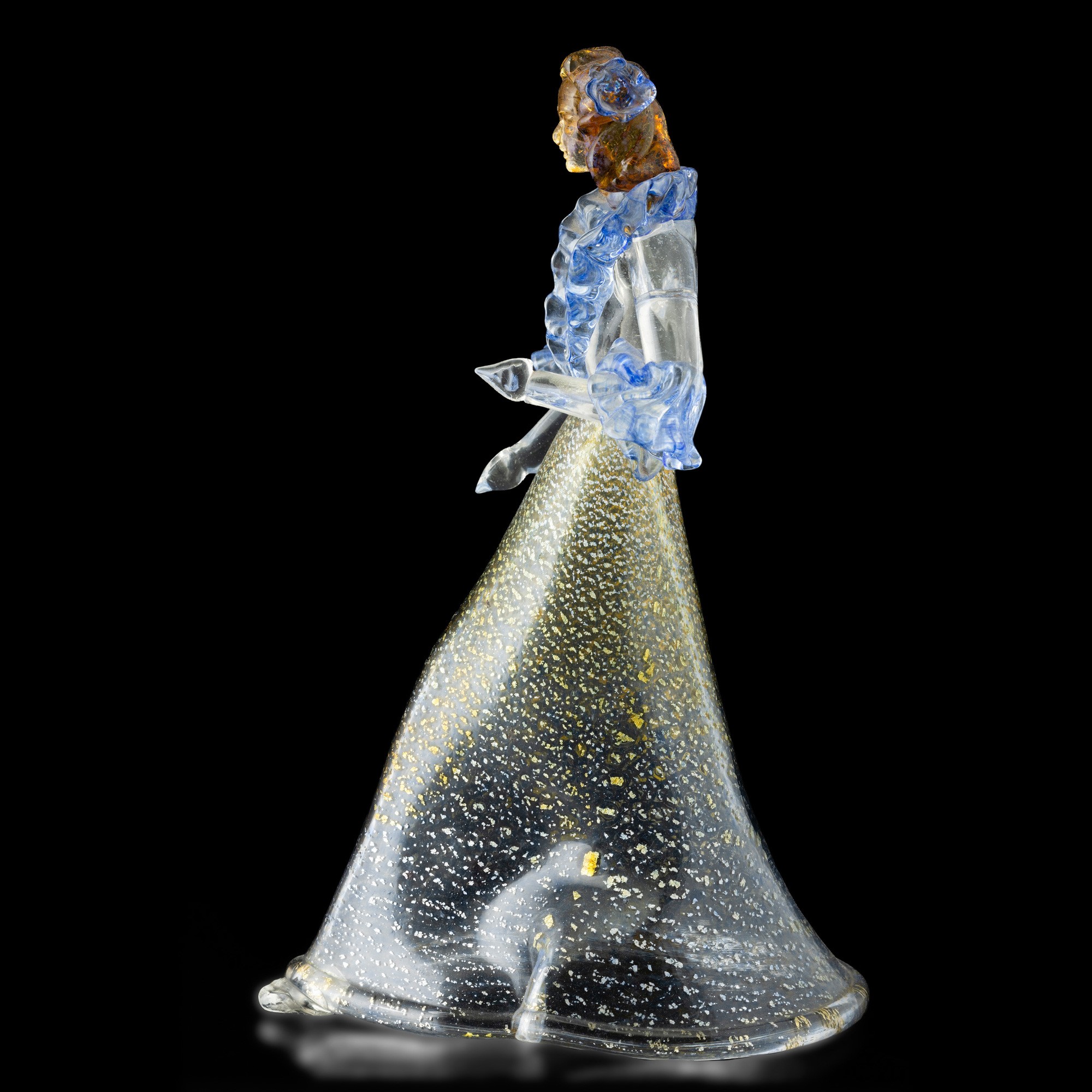 Figura di dama, vetro soffiato Murano (circa 1930), decoro a macchie blu e foglia oro